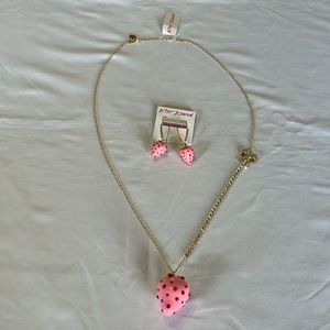 Betsey Johnson Strawberry Long Pendant Necklace & Strawberry Drop Earrings NWT